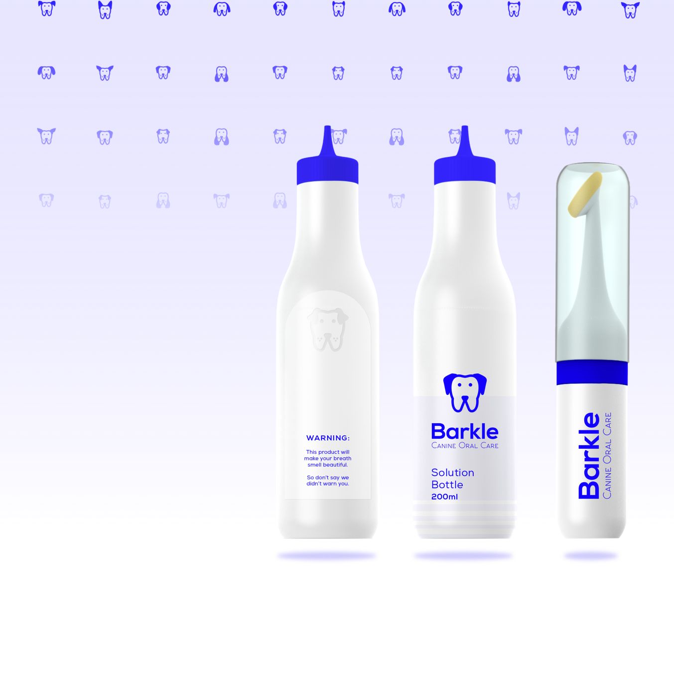 Barkle solution bottles and applicator on a field of dog-and-tooth icons