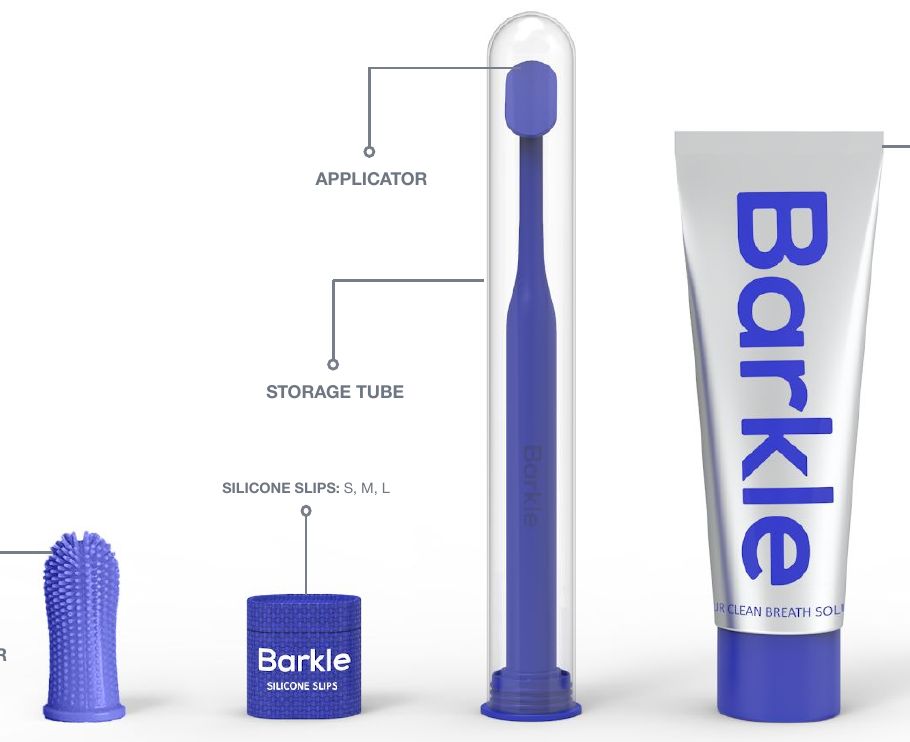 The Barkle system: finger applicator, silicone slips, applicator in its storage tube and gel
