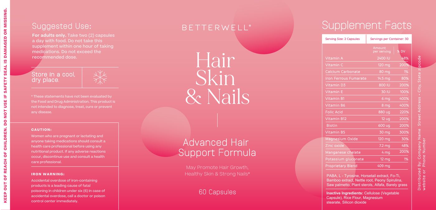 Betterwell Hair, Skin and Nails label in coral