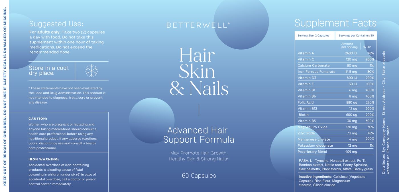 Betterwell Hair, Skin and Nails label in blue