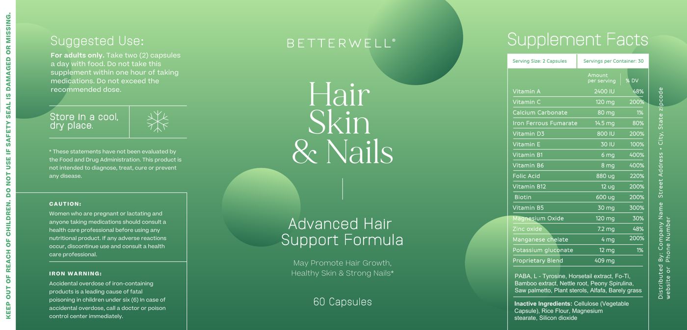 Betterwell Hair, Skin and Nails label in green