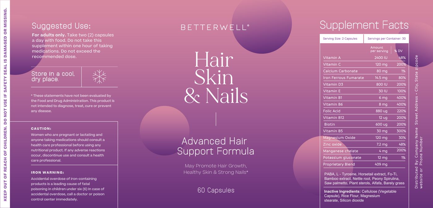 Betterwell Hair, Skin and Nails label in purple
