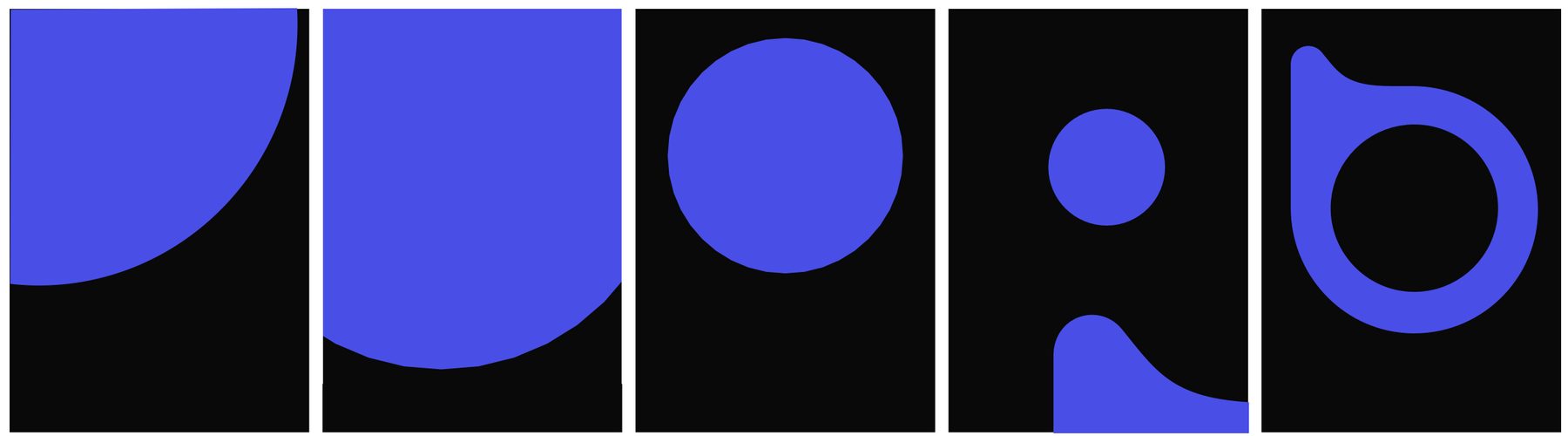 Five layouts using cropped Hyper Violet shapes from the Bue logo on black