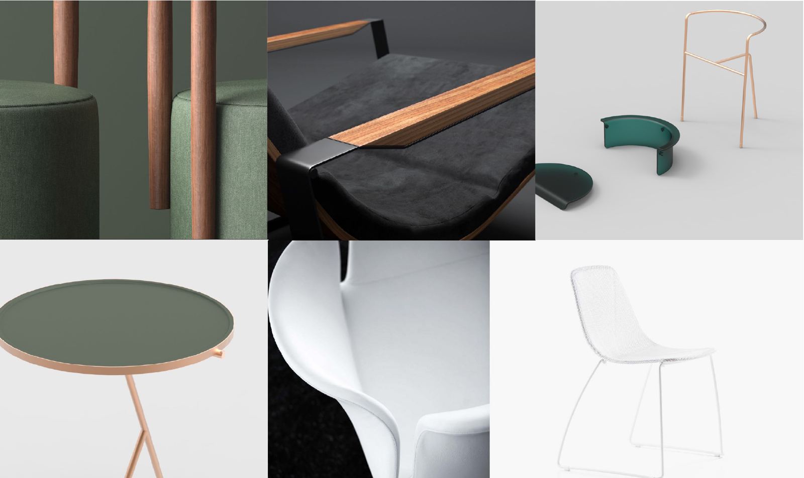 Moodboard of close-up furniture details: wood legs, leather and metal joins, sculpted white curves