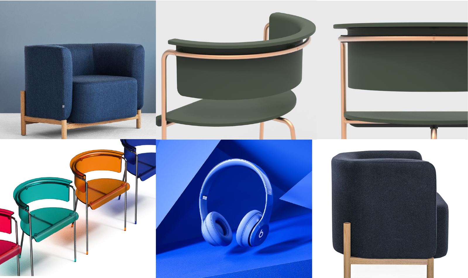 Moodboard of design-brand furniture and product photography in deep blues, greens and bright color blocks
