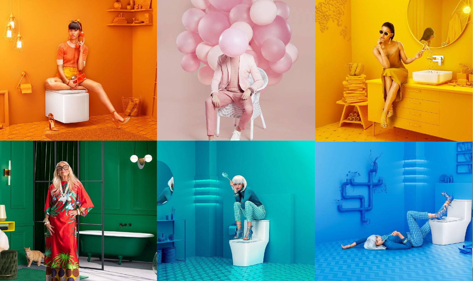 Moodboard of saturated single-color bathroom scenes with people posed playfully
