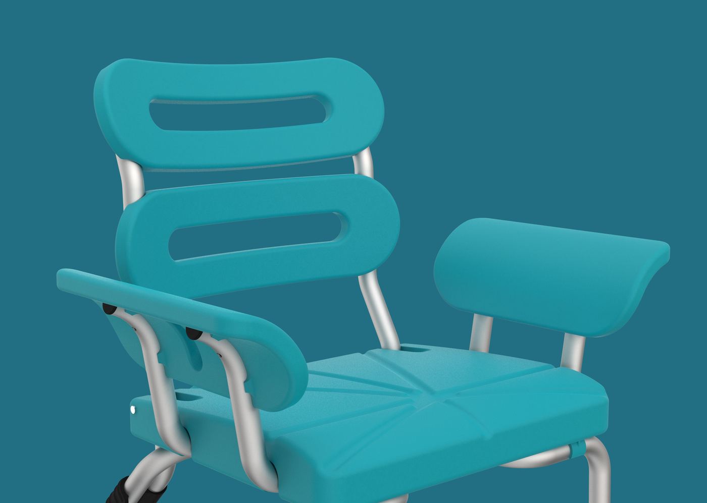 Close-up rendering of the seat, backrest and curved arm of the Bue Shower Chair
